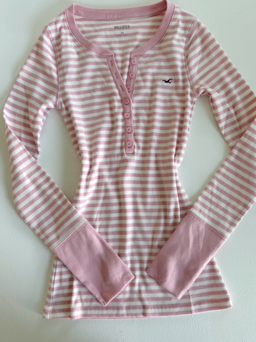 Hollister Pink & White Striped Henley Long
Sleeve Top | XS